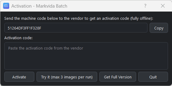 Markvida Batch offline activation window