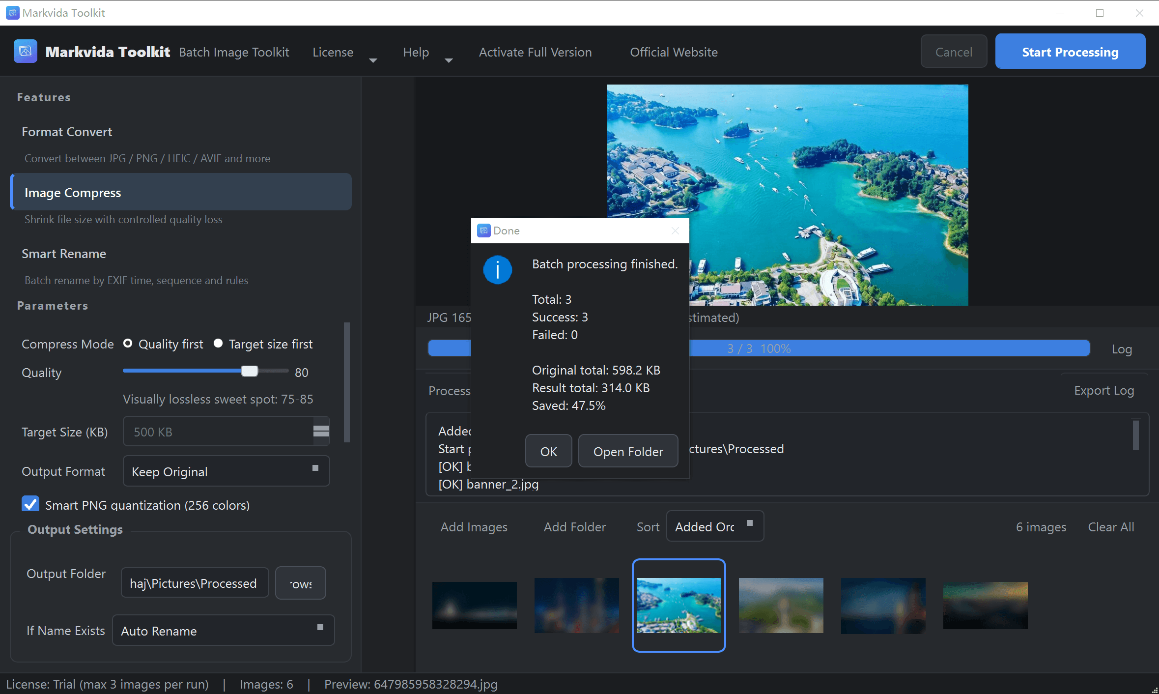 Markvida Toolkit compression summary with savings