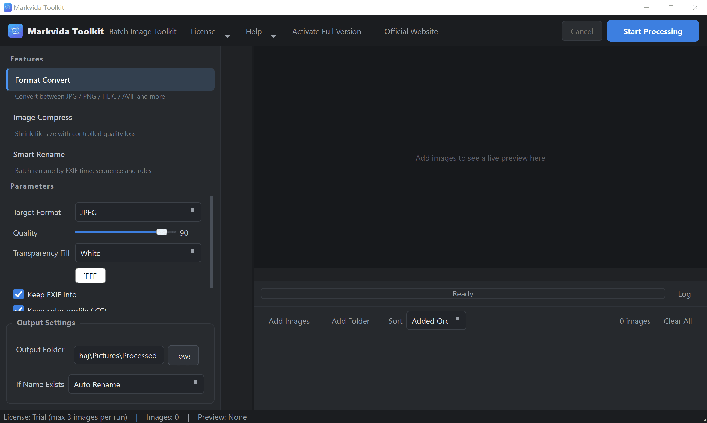 Markvida Toolkit empty workspace ready for images