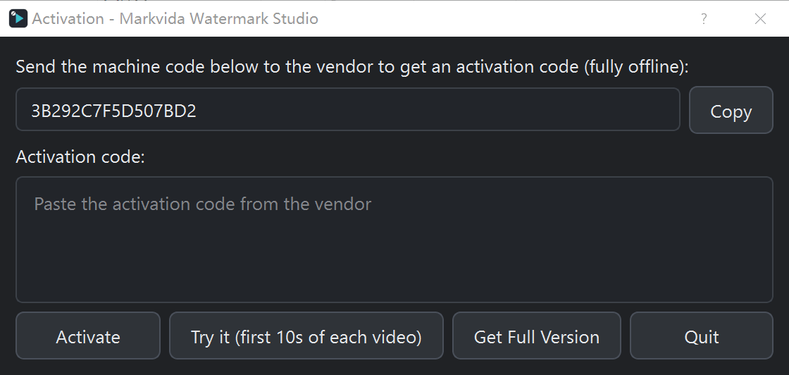 Markvida Watermark Studio activation window